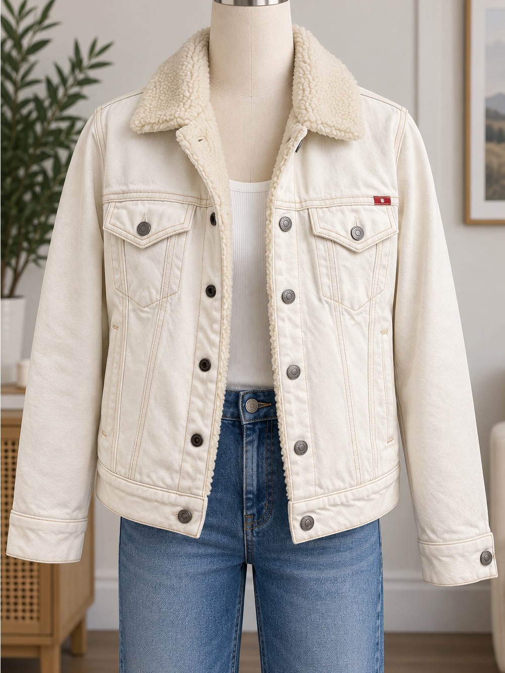 Lucky Brand ivory/cream sherpa-lined denim trucker jacket